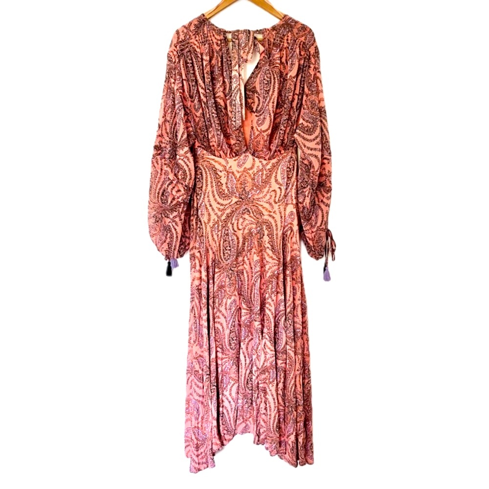 Free People Boho Maxi Mirage Dress Paisley Print V-Neck Tassel Sleeves